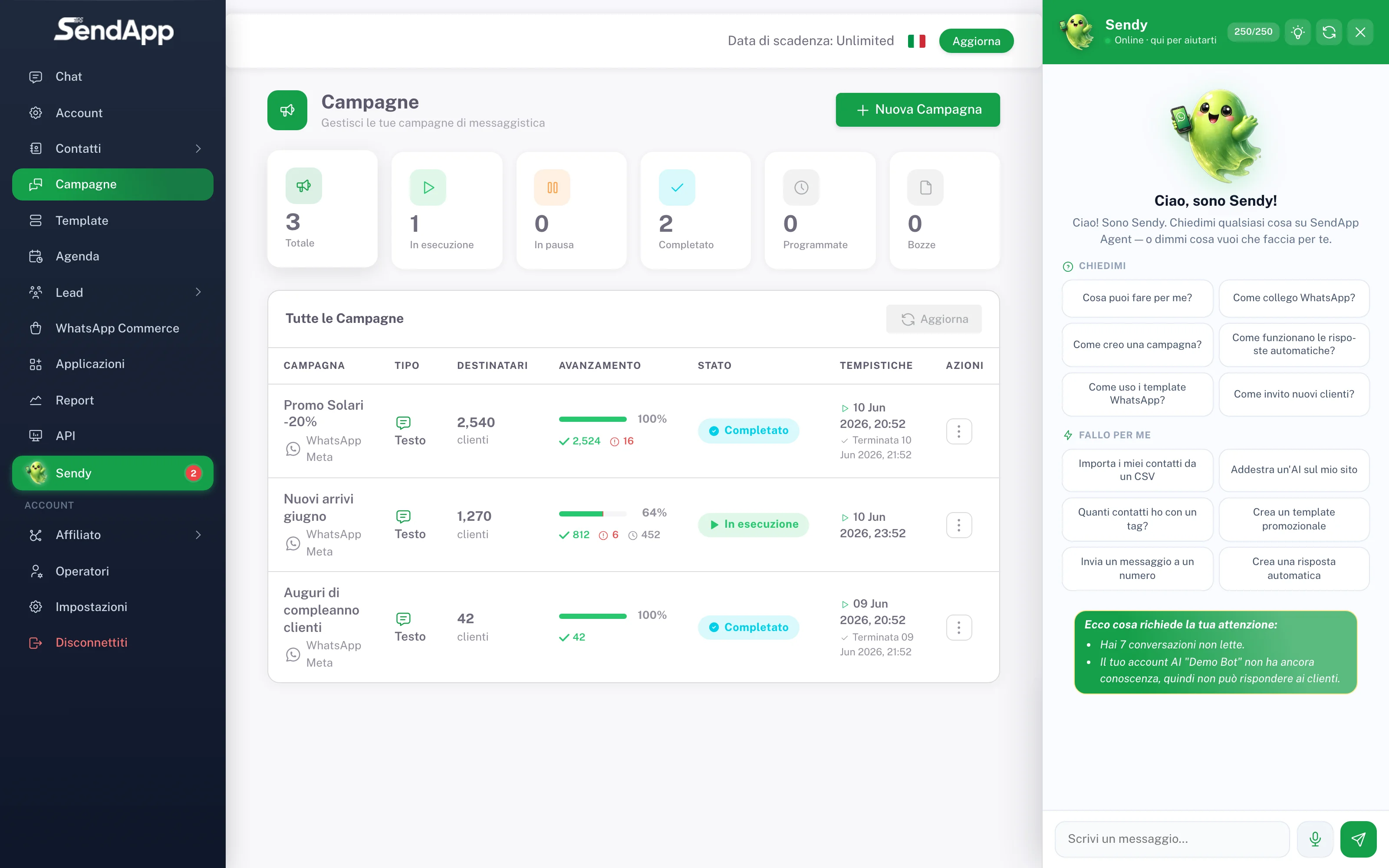 Página de campañas real de SendApp con KPIs y progreso