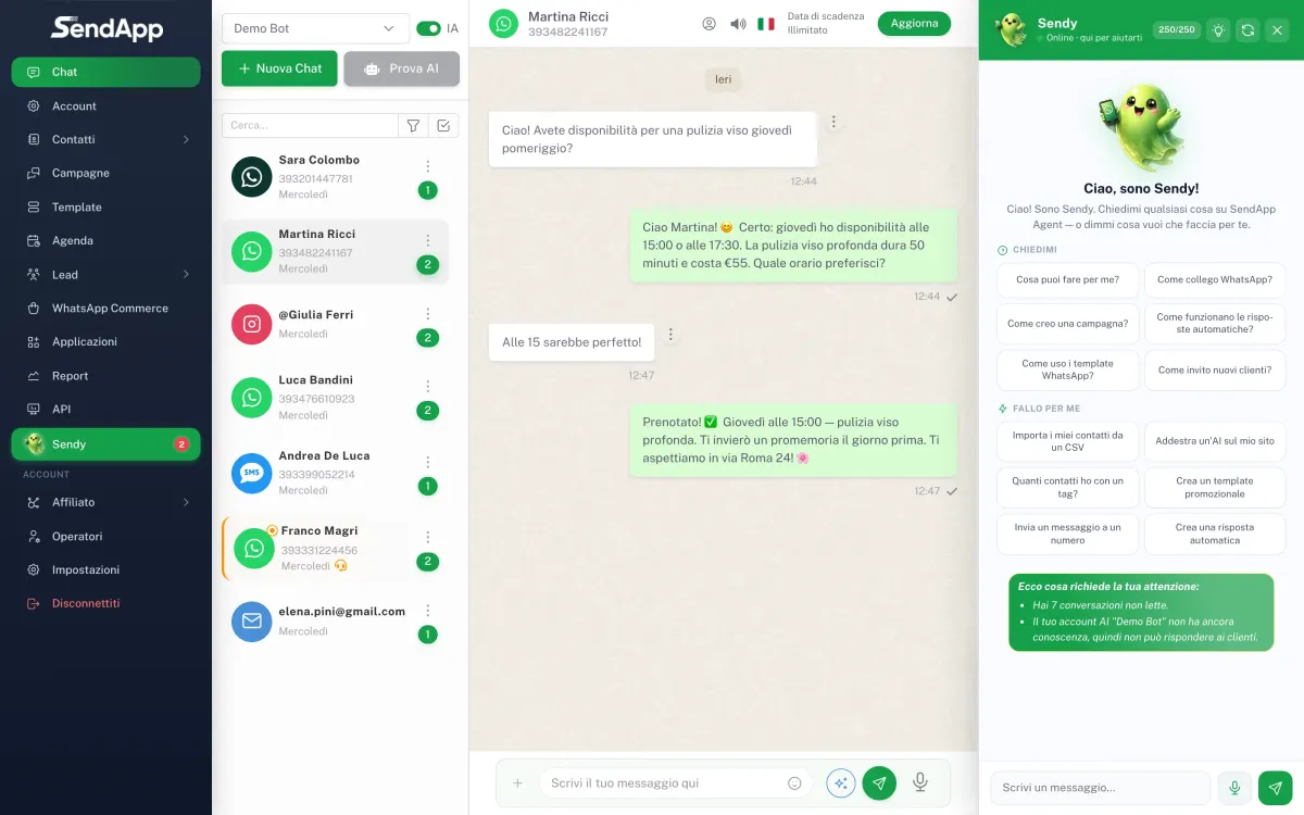 The real SendApp Agent inbox: multichannel conversations with AI replies and the Sendy assistant