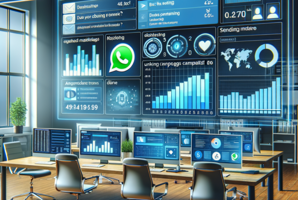 Image of a modern technology office with screens showing graphs and statistics of WhatsApp marketing campaigns. On the larger screen, an interface of an unofficial sending software with automated messages and data analysis. The environment is bright and innovative, reflecting an atmosphere of digital efficiency. Prompt 2:
