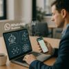 Un profesional que utiliza una computadora portátil y un teléfono inteligente para conectar IA con WhatsApp Business para mejorar la comunicación.