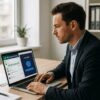 Un hombre de negocios con traje usa una laptop, enfocado en WhatsApp Business y aplicaciones de chatbots con inteligencia artificial. El entorno es una oficina moderna con luz natural y plantas verdes.