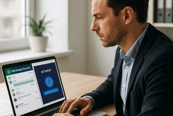 Un hombre de negocios con traje usa una laptop, enfocado en WhatsApp Business y aplicaciones de chatbots con inteligencia artificial. El entorno es una oficina moderna con luz natural y plantas verdes.