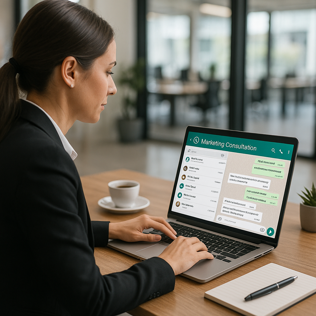 A businesswoman engaged in a video call focusing on marketing consultation in a modern office environment.
