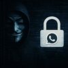 A mysterious figure wearing a hooded jacket alongside a padlock symbol featuring a messaging app icon, emphasizing cybersecurity.
