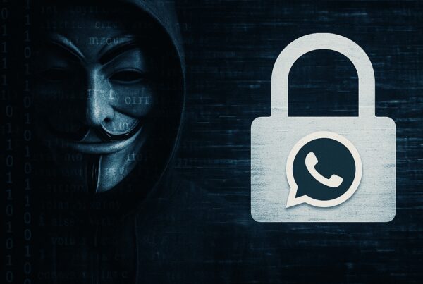 A mysterious figure wearing a hooded jacket alongside a padlock symbol featuring a messaging app icon, emphasizing cybersecurity.