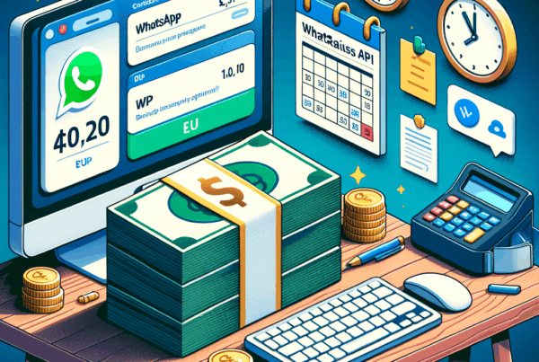 Uma ilustração vibrante de uma mesa financeira com uma tela de computador exibindo transações monetárias, uma grande pilha de dinheiro, relógios, um calendário e vários itens de escritório.