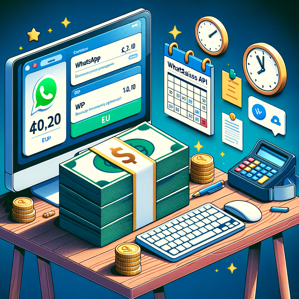Eine lebendige Illustration eines Finanzschreibtischs mit einem Computerbildschirm, auf dem Währungstransaktionen, ein großer Stapel Bargeld, Uhren, ein Kalender und verschiedene Büroartikel angezeigt werden.