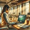 Uma empresária profissional participando de uma consultoria de marketing digital via chat em um ambiente de escritório moderno.