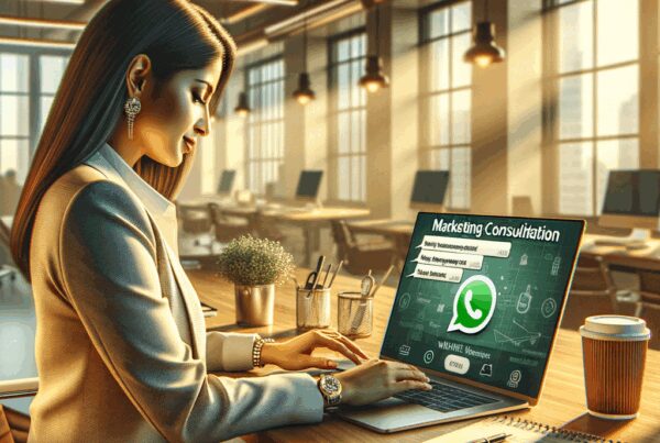 Uma empresária profissional participando de uma consultoria de marketing digital via chat em um ambiente de escritório moderno.