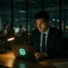 Un homme professionnel travaillant tard le soir dans un bureau, concentré sur son ordinateur portable affichant le logo WhatsApp.