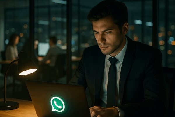 A professional man working late at night in an office, focused on his laptop displaying the WhatsApp logo.