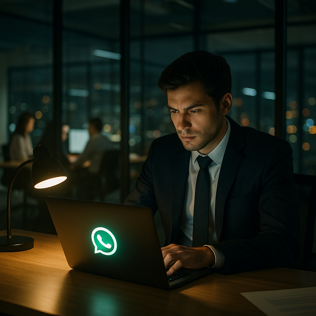 Un hombre profesional que trabaja hasta altas horas de la noche en una oficina, concentrado en su computadora portátil que muestra el logotipo de WhatsApp.