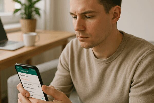 Un hombre sentado en un espacio cerrado, concentrado en leer algo en su teléfono inteligente. Parece pensativo y concentrado en el contenido de su pantalla.