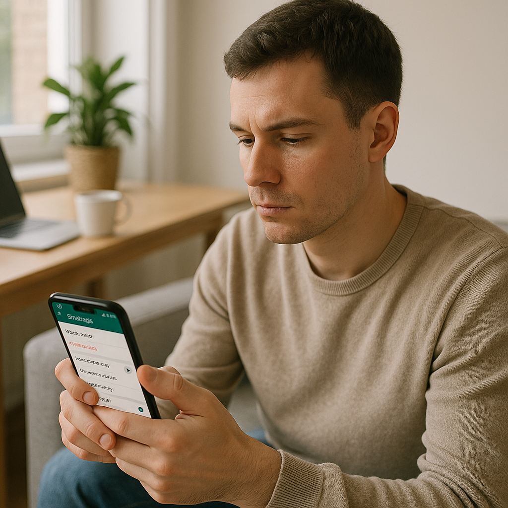 A man sitting indoors, focused on reading something on his smartphone. He appears thoughtful and engaged with the content on his screen.