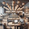 Um profissional trabalhando em um laptop em um café elegante com iluminação pendente e uma atmosfera acolhedora.