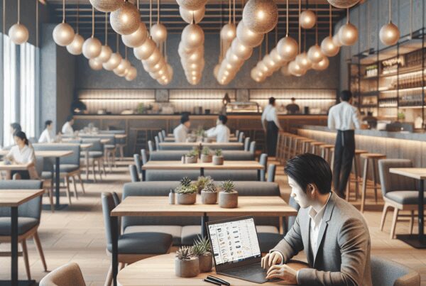 A professional working on a laptop in a stylish cafe with pendant lighting and a warm atmosphere.