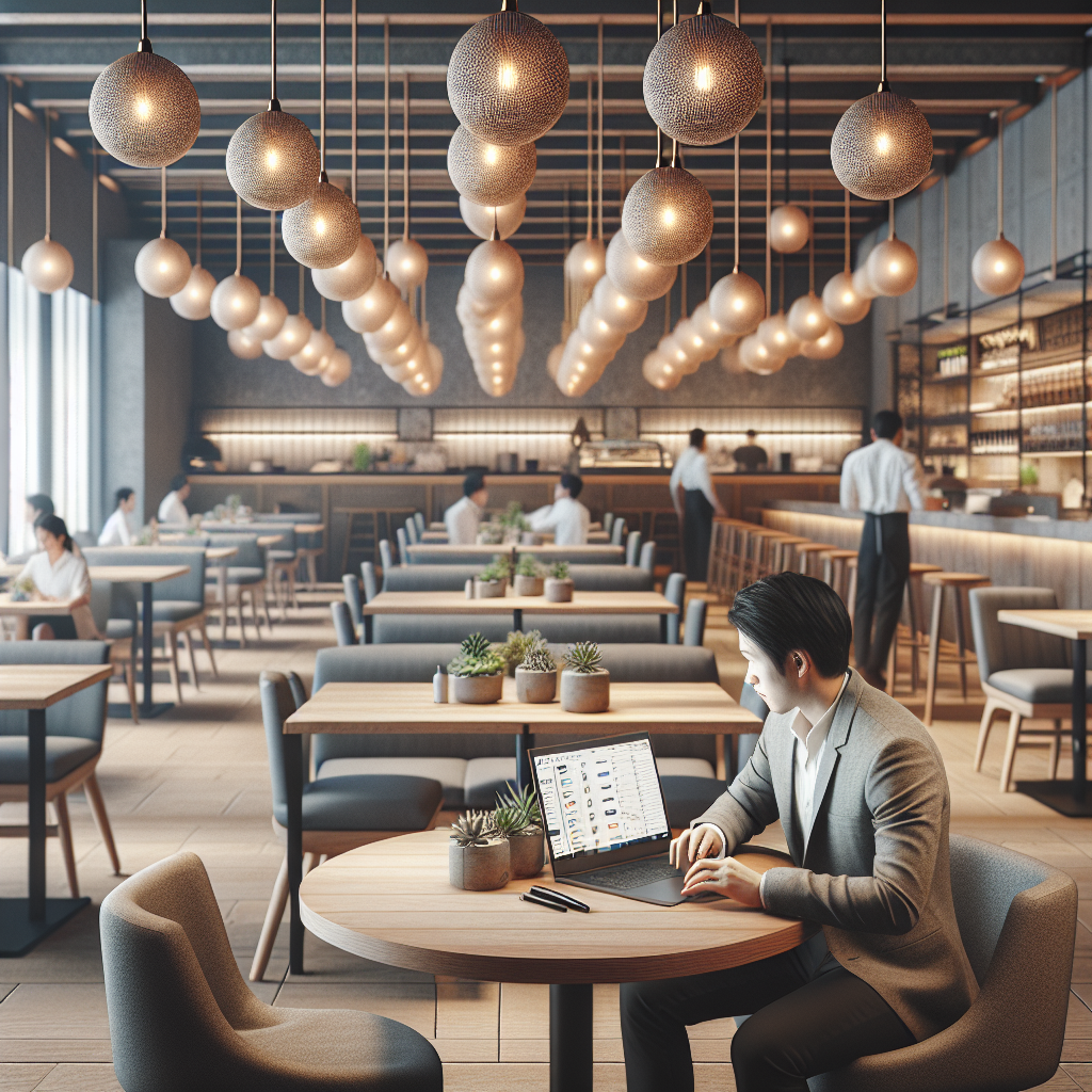 A professional working on a laptop in a stylish cafe with pendant lighting and a warm atmosphere.