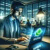 Um profissional trabalhando até tarde em um escritório moderno, focado em um laptop exibindo o logotipo do WhatsApp, com uma equipe ao fundo.