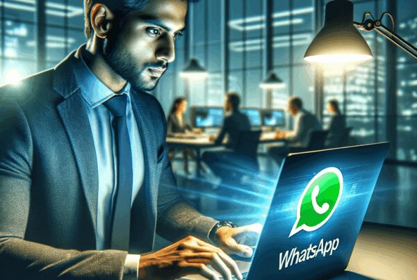 Um profissional trabalhando até tarde em um escritório moderno, focado em um laptop exibindo o logotipo do WhatsApp, com uma equipe ao fundo.