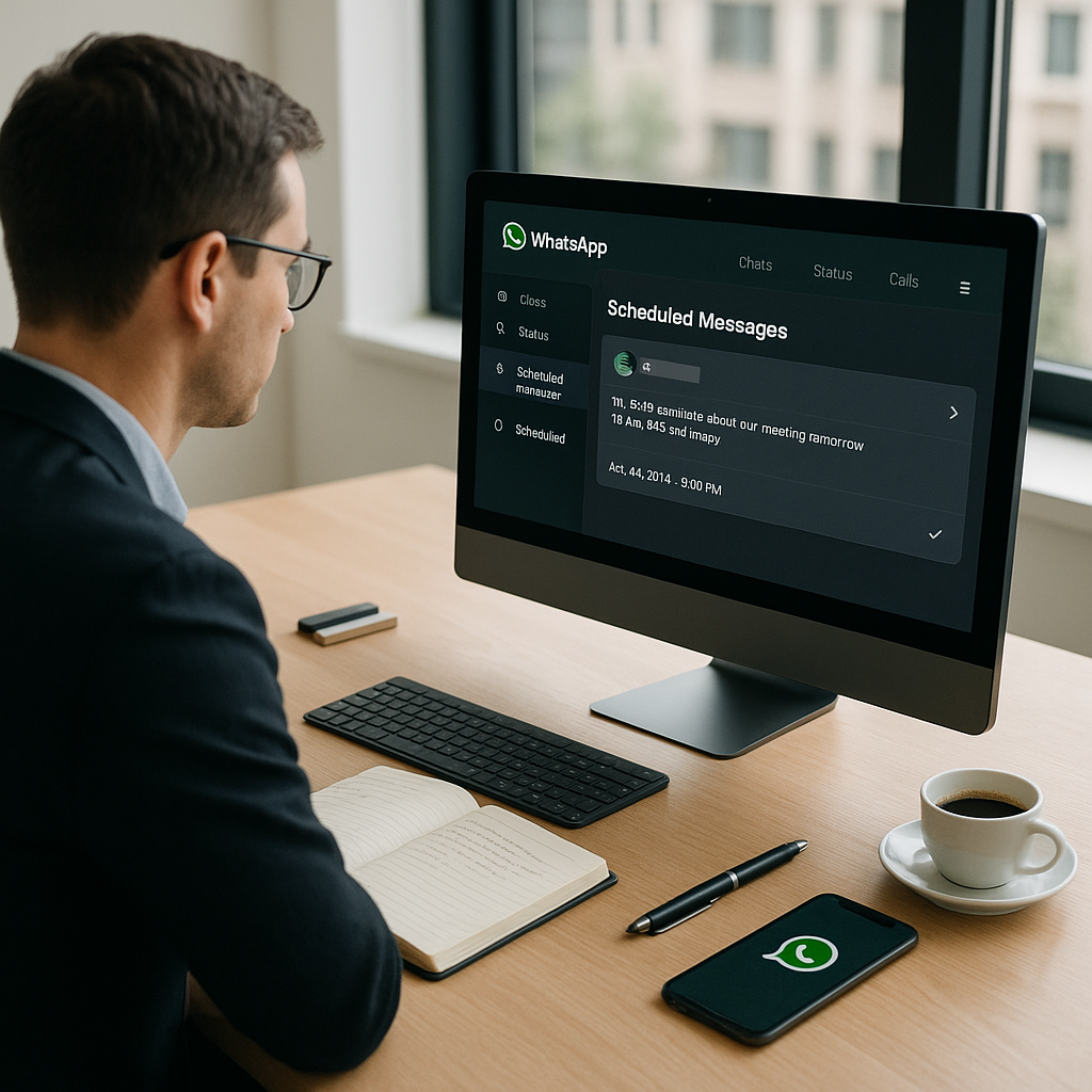 Un professionnel travaillant dans un espace de bureau planifiant des messages sur WhatsApp à l'aide d'un ordinateur de bureau.