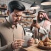 A man in a bakery reacts with shock as he checks his receipt, while another customer captures the moment on his phone.