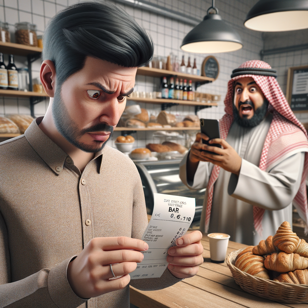 A man in a bakery reacts with shock as he checks his receipt, while another customer captures the moment on his phone.