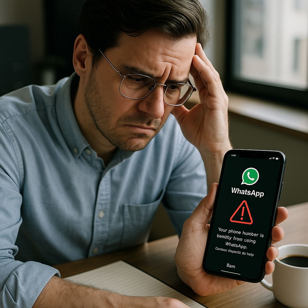 A person looking worried while holding a smartphone displaying a WhatsApp ban notification.