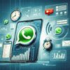 Futuristic illustration of Whatsapp app usage for communication and data exchange, featuring clocks and analytics.