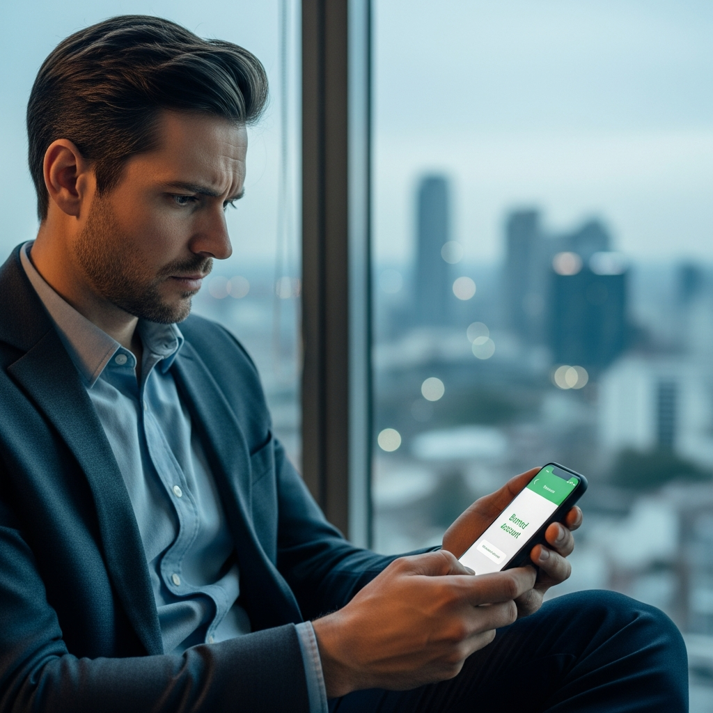 - Un especialista en marketing está sentado en una oficina moderna mirando con preocupación una cuenta de WhatsApp bloqueada o