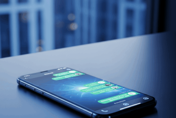 - Um smartphone moderno de última geração sobre uma mesa elegante, com uma conversa do WhatsApp na tela.