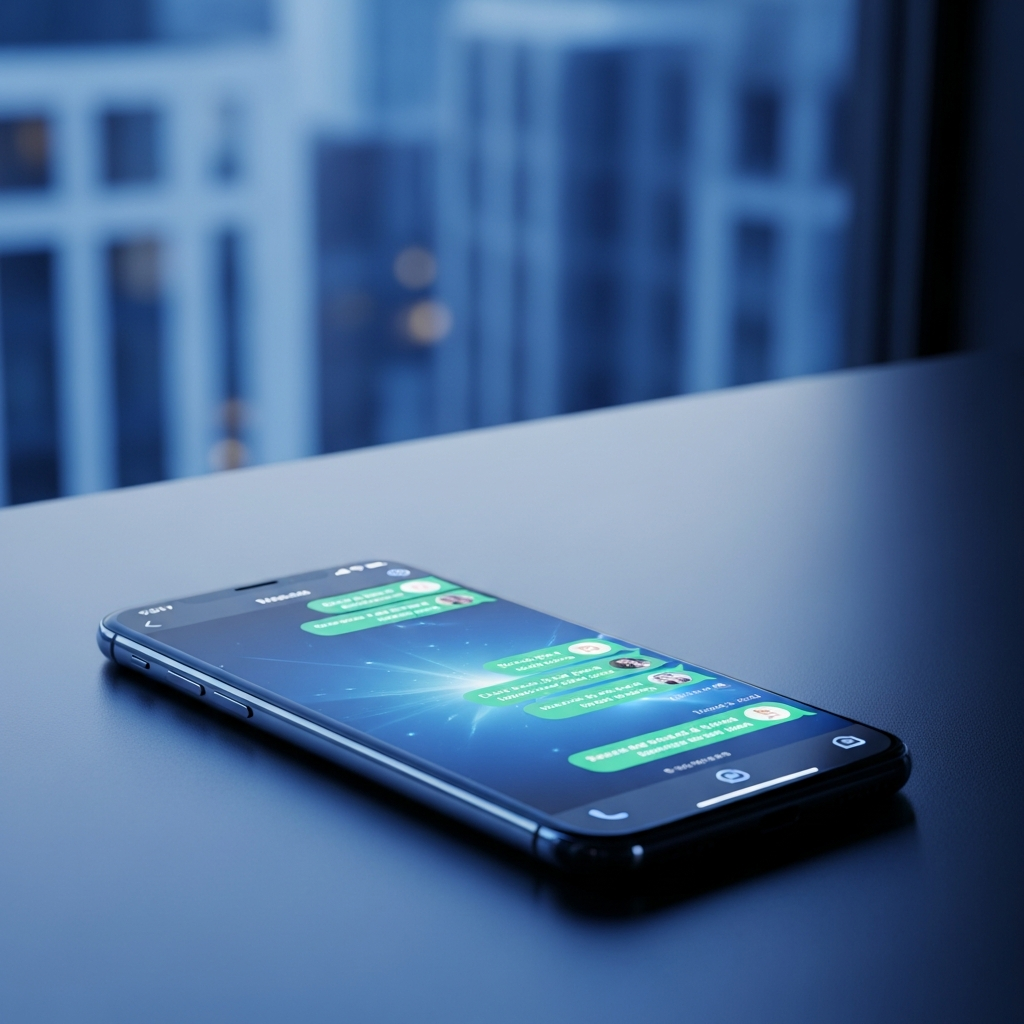 - in der Ein modernes High-End-Smartphone auf einem eleganten Schreibtisch mit einer WhatsApp-Unterhaltung auf dem Bildschirm