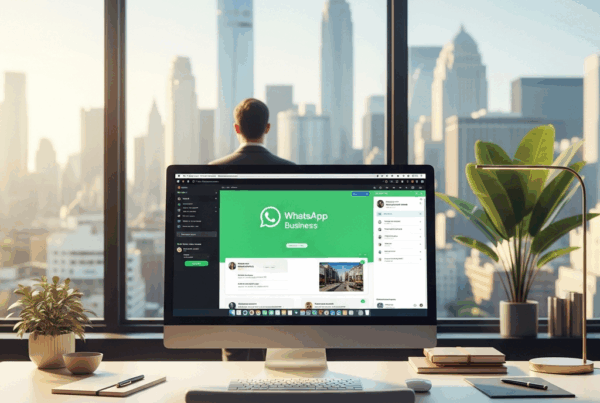- in the A modern office with a desktop computer displaying WhatsApp Business on its screen