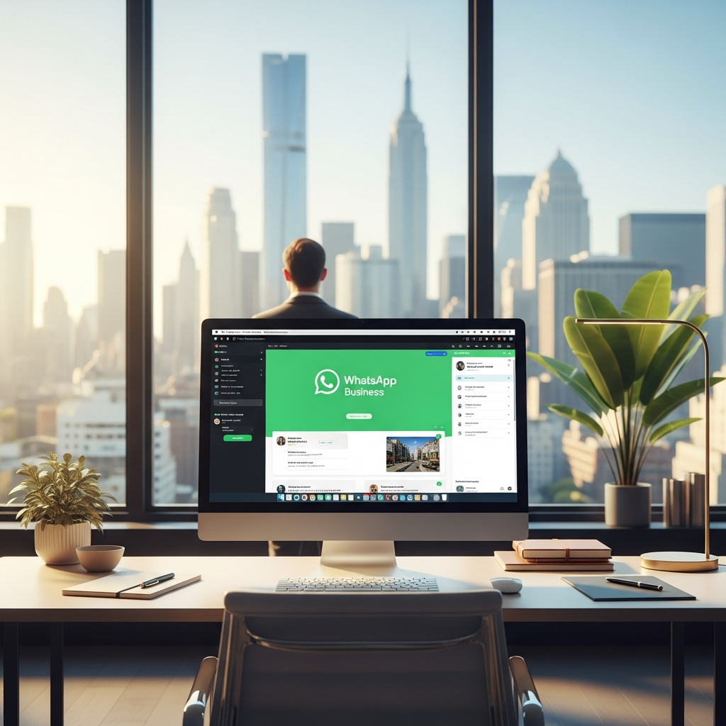 -        in the  A modern office with a desktop computer displaying WhatsApp Business on its screen
