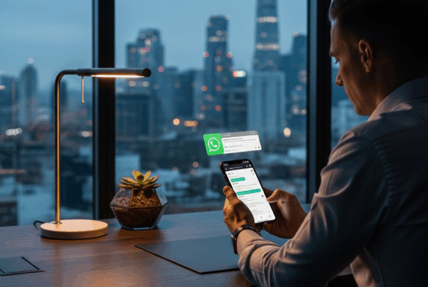 - Em um escritório moderno, uma pessoa sentada à mesa olha para um smartphone com o WhatsApp aberto.