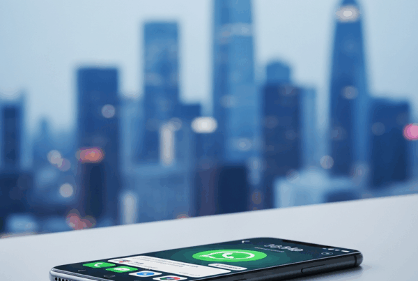 - Um smartphone moderno e elegante sobre uma mesa minimalista com um fundo de paisagem urbana desfocada.