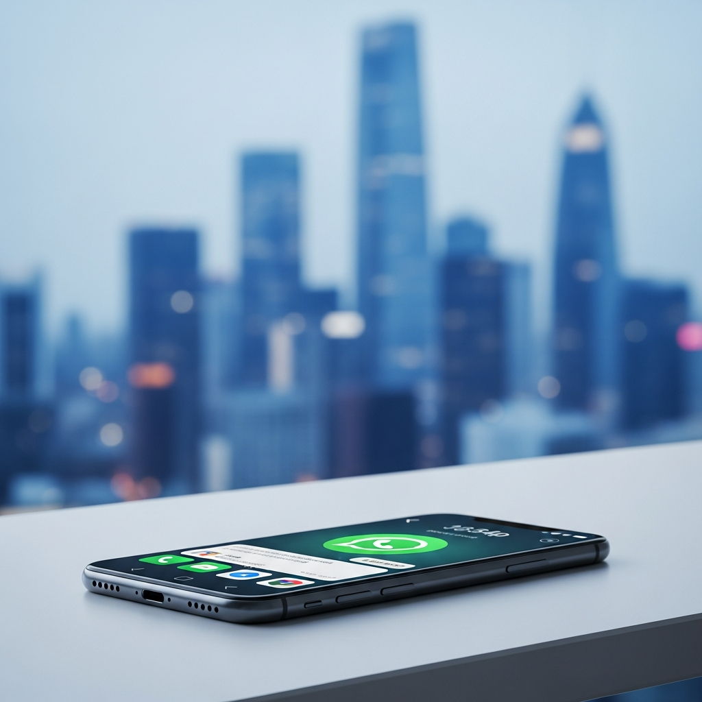 Ein modernes, schlankes Smartphone auf einem minimalistischen Schreibtisch vor einem verschwommenen Stadtpanorama