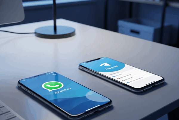 - na criação de uma mesa moderna com dois smartphones, um com WhatsApp e outro com Telegram
