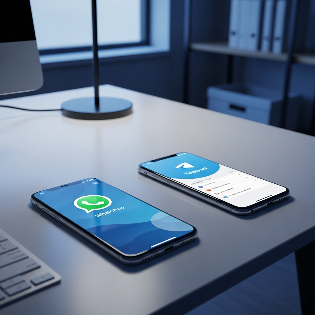 - in der Erstellung eines modernen Schreibtisches mit zwei Smartphones, einem mit WhatsApp und einem mit Teleg