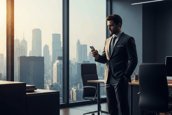 - na Criação de um escritório moderno com um empresário segurando um smartphone cercado por c