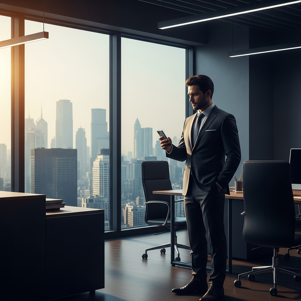 - in der Erstellen Sie ein modernes Büro mit einem Geschäftsmann, der ein Smartphone hält und von c umgeben ist