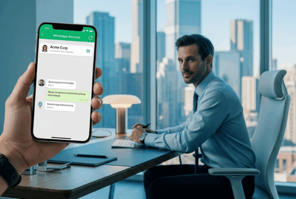 - in the Create a of a modern office with a businessman using a smartphone showcasing WhatsA