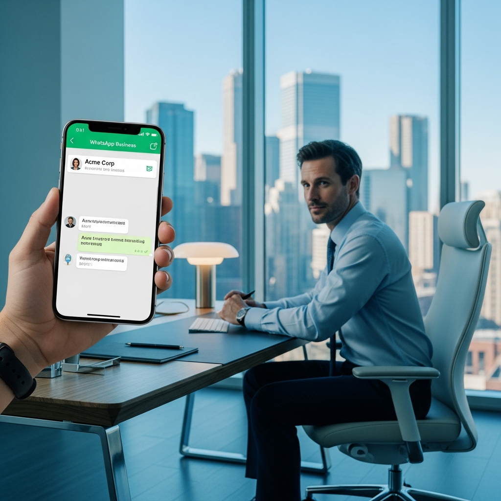 -        in the  Create a of a modern office with a businessman using a smartphone showcasing WhatsA