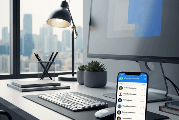 -        in the  Create a of a modern office workspace with a smartphone displaying WhatsApp Busines