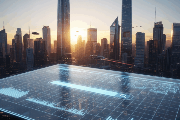 - in the Generate a of a futuristic cityscape at sunset with a massive search engine interface