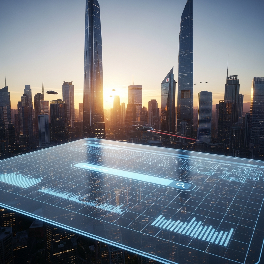 - in der Generierung einer futuristischen Stadtlandschaft bei Sonnenuntergang mit einer massiven Suchmaschinenschnittstelle