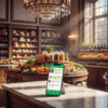 -        in the  Generate a of a luxurious gourmet food store with a smartphone on a counter display