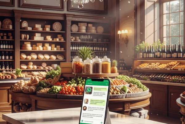 -        in the  Generate a of a luxurious gourmet food store with a smartphone on a counter display