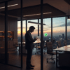 -        in the  Generate a of a modern office with a businessman in the background using WhatsApp o