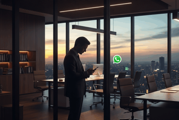 - na Geração de um escritório moderno com um empresário ao fundo usando o WhatsApp ou