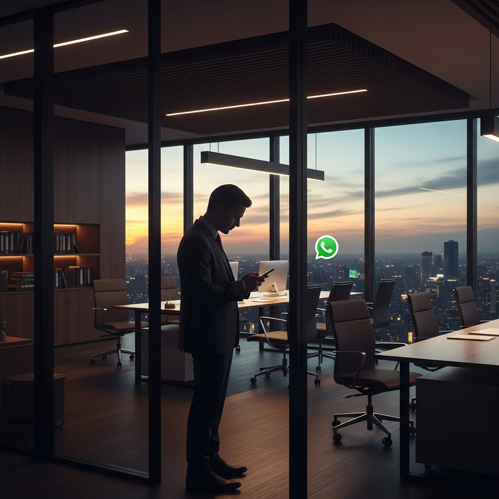 - in der Generierung eines modernen Büros mit einem Geschäftsmann im Hintergrund, der WhatsApp benutzt oder